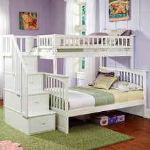 Load image into Gallery viewer, Twin over Full Bunk Bed with Stairway Storage Drawers in White Wood Finish