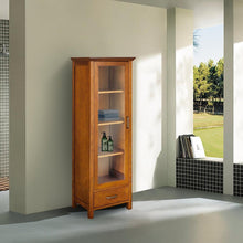 Load image into Gallery viewer, Oak Finish Linen Tower Glass Door Bathroom Storage Cabinet w- Drawer