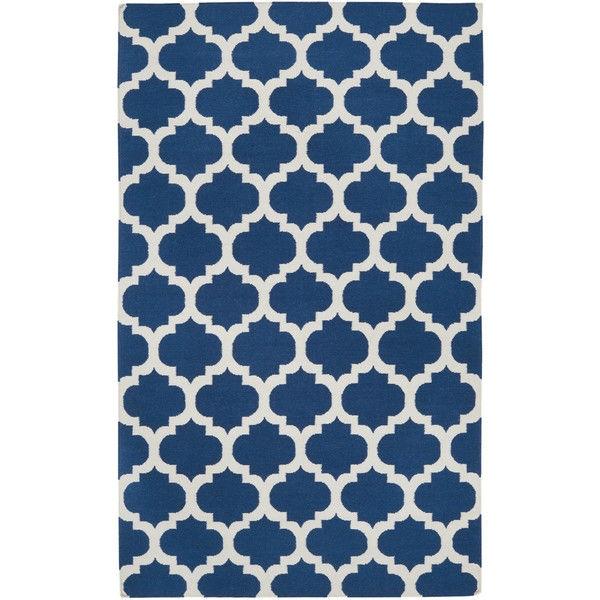 5' x 8' Flat Woven Wool Area Rug Handmade Blue White Trellis Pattern