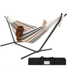 Load image into Gallery viewer, Portable Cotton Hammock in Desert Strip with Metal Stand and Carry Case