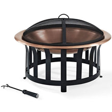 Load image into Gallery viewer, Oversized Copper Bowl Fire Pit with Black Steel Frame Poker and Spark Screen