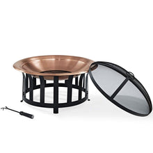 Load image into Gallery viewer, Oversized Copper Bowl Fire Pit with Black Steel Frame Poker and Spark Screen