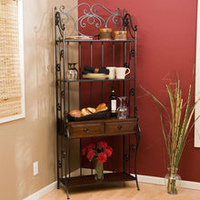 Load image into Gallery viewer, Black Wrought Iron and Walnut Wood Finish Bakers Rack