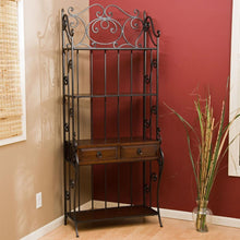 Load image into Gallery viewer, Black Wrought Iron and Walnut Wood Finish Bakers Rack