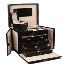 Load image into Gallery viewer, 5-Drawer Black Leather Jewelry Box Travel Case with Key Lock