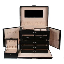 Load image into Gallery viewer, 5-Drawer Black Leather Jewelry Box Travel Case with Key Lock