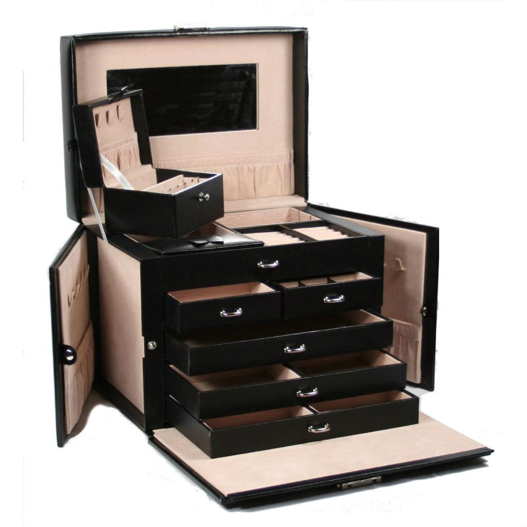 5-Drawer Black Leather Jewelry Box Travel Case with Key Lock