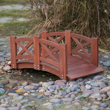 Load image into Gallery viewer, Red Stained Wood 4-Ft Garden Bridge with X-Design Hand Rails