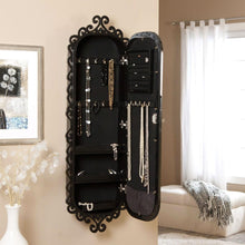Load image into Gallery viewer, Wall-Mounted Jewelry Armoire Mirror with Gloss Black Scrollwork Border