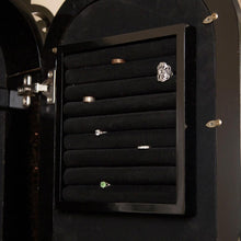 Load image into Gallery viewer, Wall-Mounted Jewelry Armoire Mirror with Gloss Black Scrollwork Border