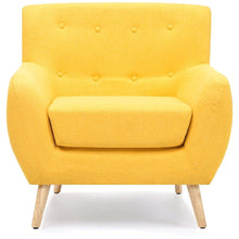 Load image into Gallery viewer, Modern Yellow Linen Upholstered Armchair with Mid-Century Style Wooden Legs