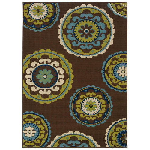 7'10 x 10'10 Outdoor-Indoor Area Rug in Brown Teal, Green Yellow Circles