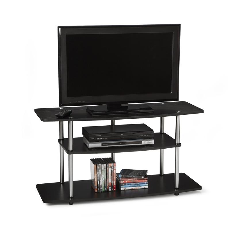 3-Tier Flat Screen TV Stand in Black Wood Grain - Stainless Steel