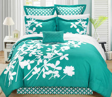 Load image into Gallery viewer, Queen size Turquoise 7-Piece Floral Bed in a Bag Comforter Set