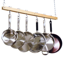Load image into Gallery viewer, Ceiling Mount Single Bar Wooden Pot Rack with 4 Pan Hooks