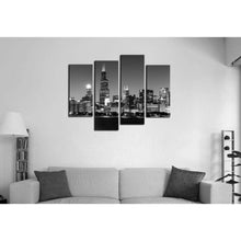 Load image into Gallery viewer, Chicago Night Skyline Black White Print 4-Panel Canvas Wall Art