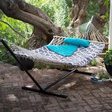 Load image into Gallery viewer, Cotton Rope 11-Ft Hammock with Metal Stand and Aqua Lattice Pillow Pad Set