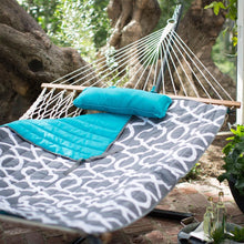Load image into Gallery viewer, Cotton Rope 11-Ft Hammock with Metal Stand and Aqua Lattice Pillow Pad Set