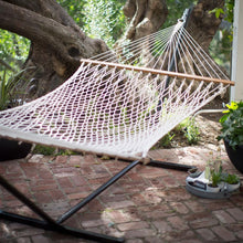 Load image into Gallery viewer, Cotton Rope 11-Ft Hammock with Metal Stand and Aqua Lattice Pillow Pad Set