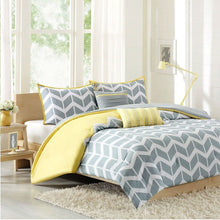 Load image into Gallery viewer, Full-Queen 5-Piece Chevron Stripes Comforter Set in Gray White Yellow