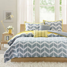 Load image into Gallery viewer, Full-Queen 5-Piece Chevron Stripes Comforter Set in Gray White Yellow