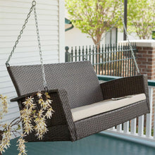 Load image into Gallery viewer, Modern Dark Brown Resin Wicker Porch Swing with Khaki Seat Cushion
