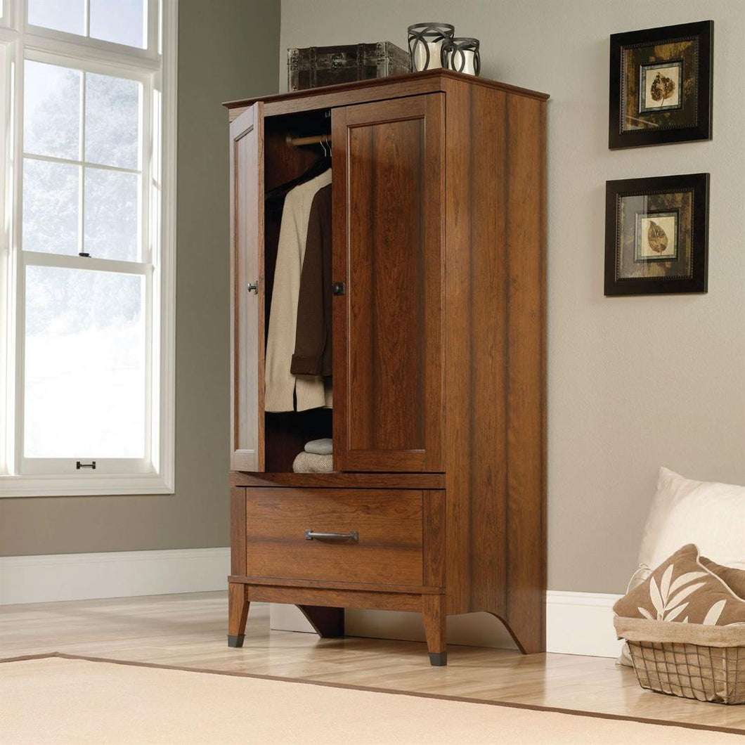 Bedroom Wardrobe Cabinet Armoire with Garment Rod in Medium Cherry Finish