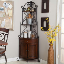 Load image into Gallery viewer, Corner Bakers Rack with Wrought Iron Frame and Wood Storage Shelves