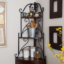 Load image into Gallery viewer, Corner Bakers Rack with Wrought Iron Frame and Wood Storage Shelves
