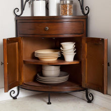 Load image into Gallery viewer, Corner Bakers Rack with Wrought Iron Frame and Wood Storage Shelves