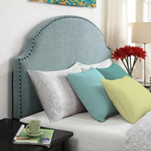 Load image into Gallery viewer, Full - Queen size Nailhead Upholstered Headboard in Soft Turquoise Linen Fabric