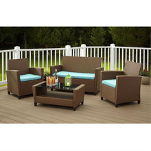 Load image into Gallery viewer, 4-Piece Outdoor Patio Furniture Set in Brown Wicker Resin with Teal Cushions