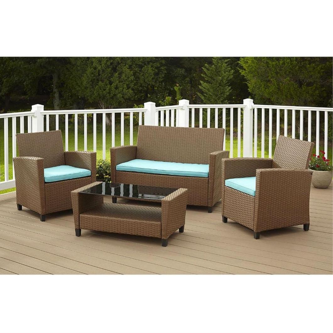 4-Piece Outdoor Patio Furniture Set in Brown Wicker Resin with Teal Cushions