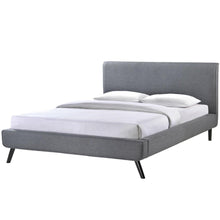 Load image into Gallery viewer, Full size Mid Century Platform Bed with Gray Upholstered Headboard