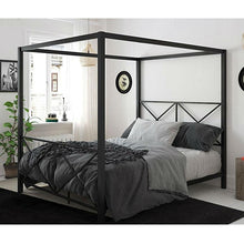 Load image into Gallery viewer, Queen size Modern Black Metal Four-Poster Canopy Bed Frame