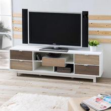Load image into Gallery viewer, Modern 70-inch White TV Stand Entertainment Center with Natural Wood Accents