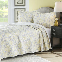 Load image into Gallery viewer, Full - Queen Yellow Gray Floral 100% Cotton Reversible Quilt Coverlet Set