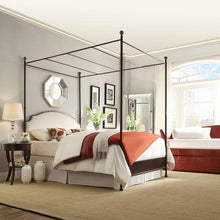 Load image into Gallery viewer, Full size Metal Canopy Bed with Cream White Linen Upholstered Headboard