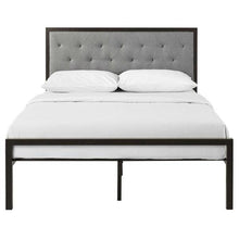 Load image into Gallery viewer, Full size Metal Platform Bed with Grey Upholstered Button Tufted Fabric Headboard