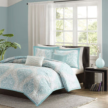 Load image into Gallery viewer, Full - Queen size 5-Piece Damask Comforter Set in Light Blue White and Grey