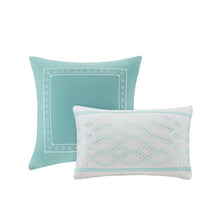 Load image into Gallery viewer, Full - Queen size 5-Piece Damask Comforter Set in Light Blue White and Grey