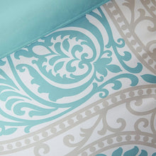 Load image into Gallery viewer, Full - Queen size 5-Piece Damask Comforter Set in Light Blue White and Grey