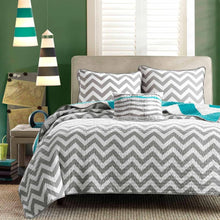 Load image into Gallery viewer, Full Queen size 3-Piece Quilt Set Reversible Chevron Stripe Gray White Teal