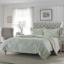 Load image into Gallery viewer, Full - Queen 3-Piece Cotton Quilt Set in Seafoam Blue Beige Floral Pattern