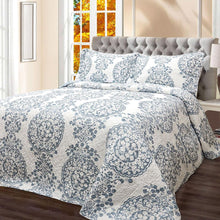 Load image into Gallery viewer, Full - Queen 3-Piece Reversible Cotton Quilt Set with White Blue Floral Medallion Pattern