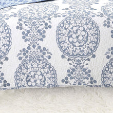 Load image into Gallery viewer, Full - Queen 3-Piece Reversible Cotton Quilt Set with White Blue Floral Medallion Pattern