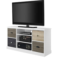 Load image into Gallery viewer, White Wood Finish TV Stand with Multi Wood Grain Finish Drawer Door Fronts