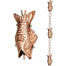 Load image into Gallery viewer, Pure Polished Copper 8.5 Foot Rain Chain with 4 Fish