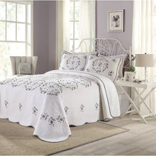 Load image into Gallery viewer, King size Cotton Bedspread with Scalloped Edges in White with Floral Print Embroidery