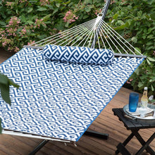 Load image into Gallery viewer, Blue White Meander Quilted 11-Ft Hammock with Sturdy Metal Stand